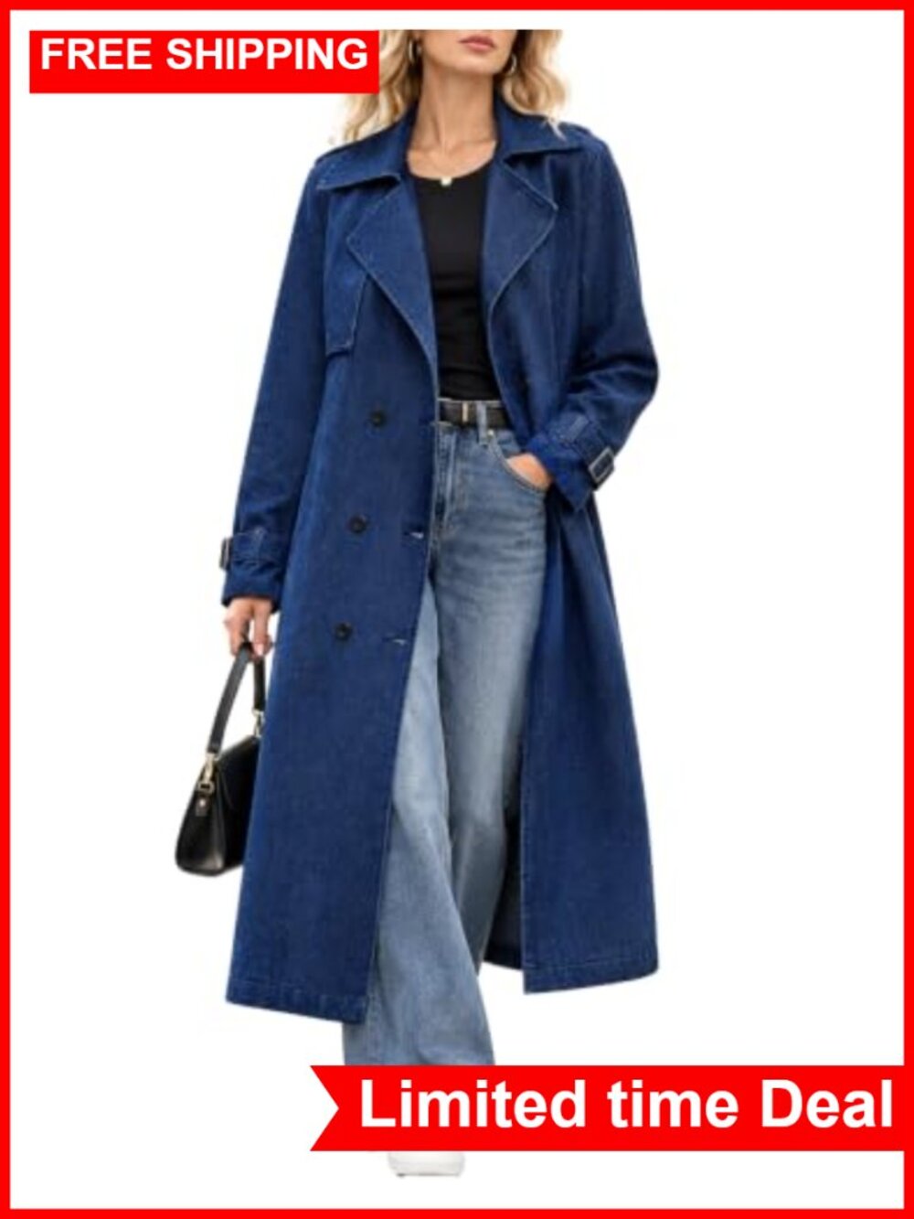Oversized Denim Trench Coat Mid Length Double Breasted Long Jean Jacket